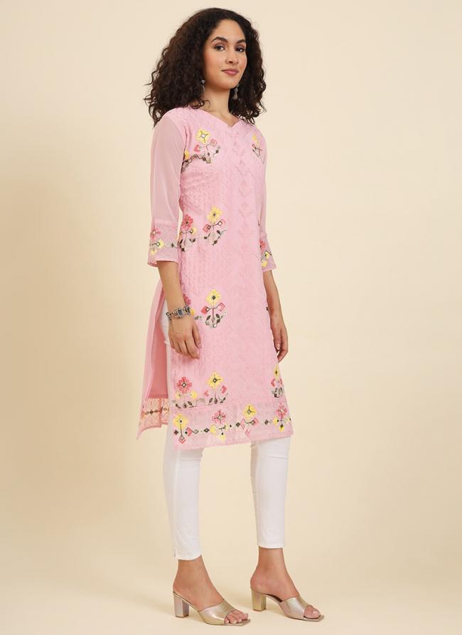 Georgette Peach Pink Festival Wear Lucknowi Chikankari Work Readymade Kurti